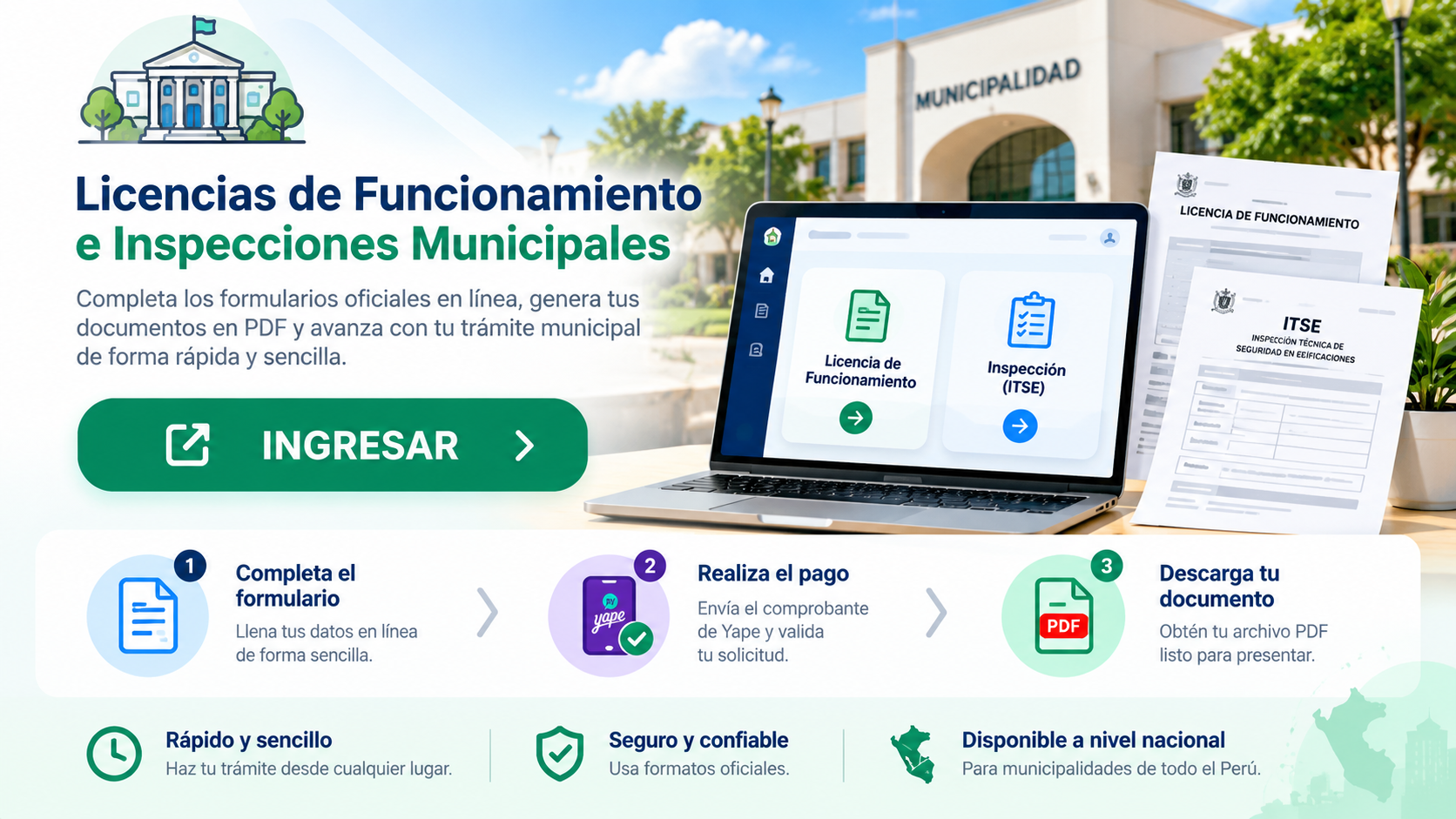 Licencias de Funcionamiento e Inspecciones Municipales. Completa el formulario, realiza el pago por Yape y descarga tu documento en PDF.